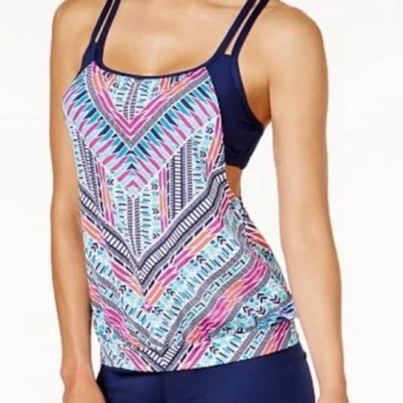Athleta Moxie Collection Tankini Swim Top Pink Navy Bra Strap UPF 50, Size 34B C - Picture 11 of 11
